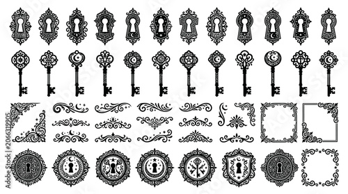 Collection of antique keys and crests.