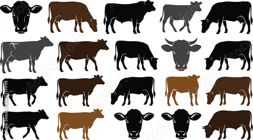 Foto Vector Cow Silhouette and Profile Shape Set Featuring Diverse Cattle Breeds for