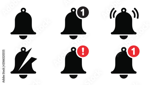 Photos Notification bell icons with different states on transparent background alert and signal