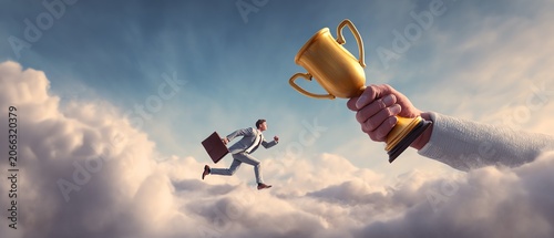 Man chases dream, trophy in the sky.