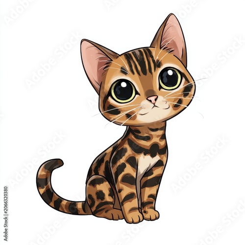Cute Cartoon Bengal Cat With Big Eyes Sitting on White Background Realistic Fur Pattern Digital Art