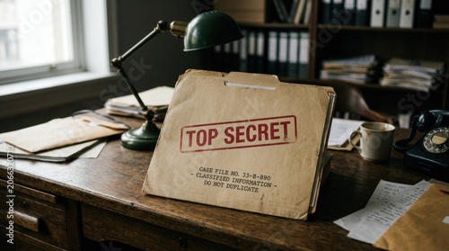 Vintage Top Secret Document Folder on a Detectives Desk.