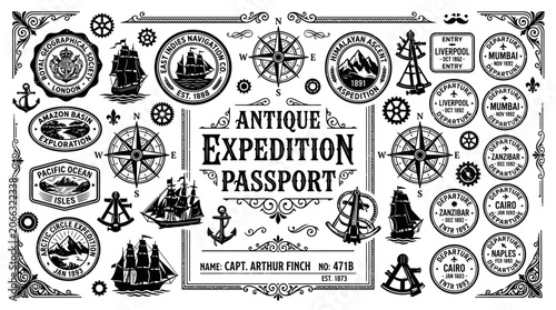 Vintage expedition passport travel icons.