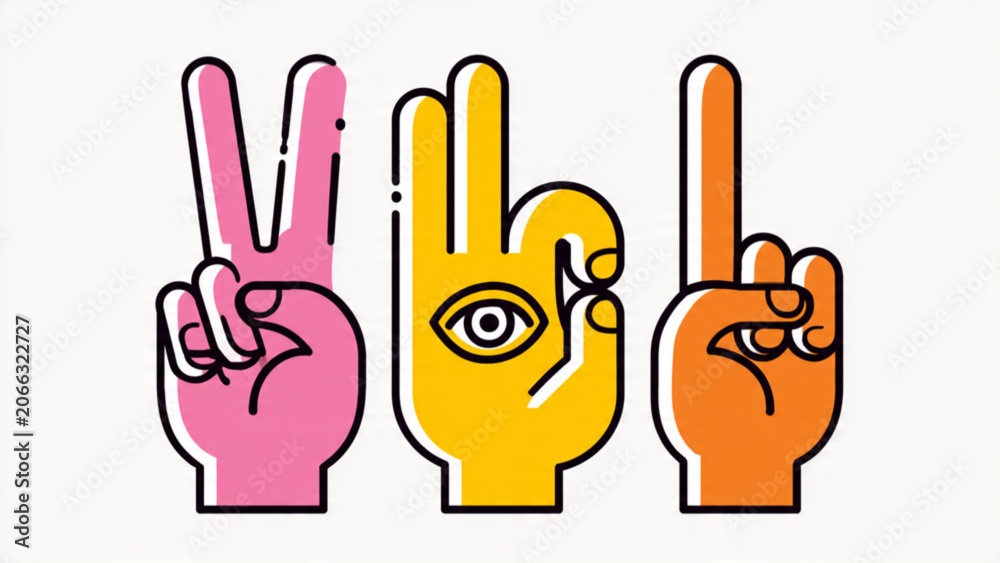Fototapeta premium Colorful Hand of Gestures with Eye Symbol in Bright Neon Colors for Modern Illustration