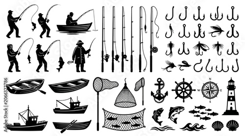 Fishing icons and nautical symbols.