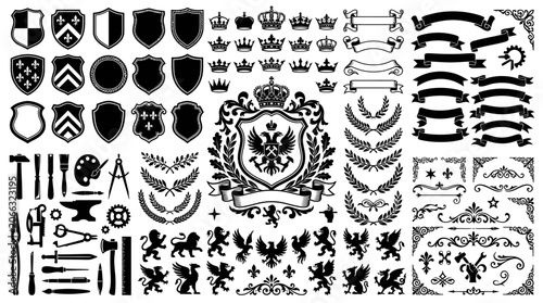 Various crests and heraldic symbols.