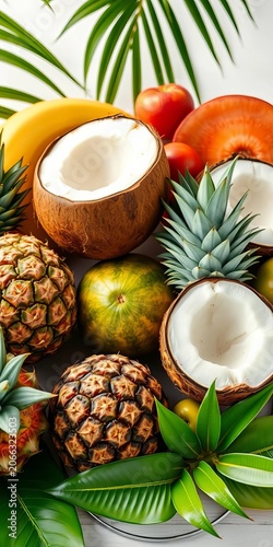 Tropical fruit arrangement with coconuts and pineapples, ||fruit, pineapple