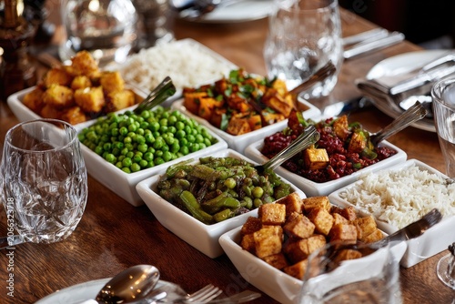 Varied vegetarian dishes are neatly arranged on a wooden dining table, a formal setting