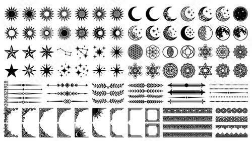 Black and white celestial shapes icons.