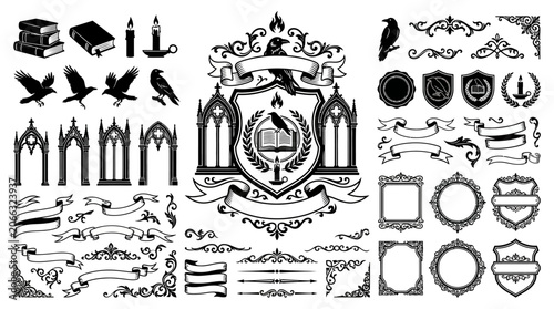 Collection of various crests and icons.