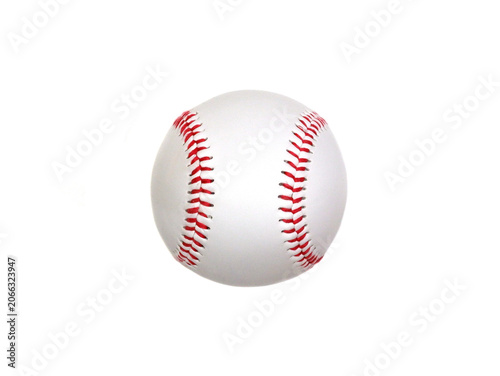 A white baseball with red stitching on a white background