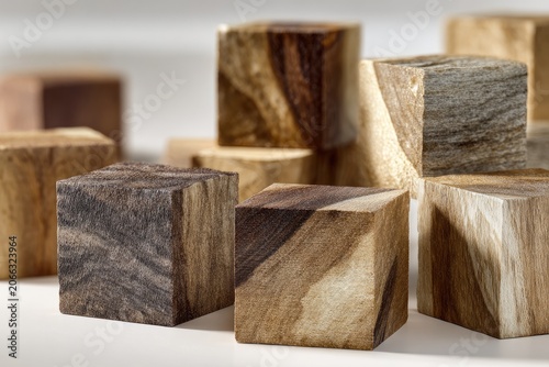 Varied woodgrain cubes arranged on white surface, showing textural differences