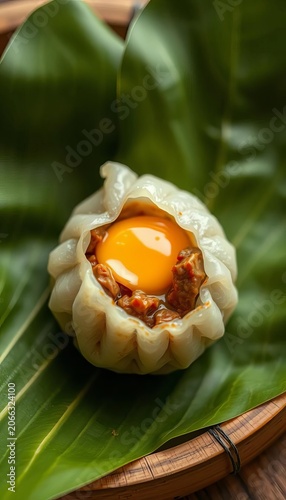 Waxy rice dumpling wrapped in bamboo leaf, filled with savory meat and egg yolk mixture, traditional, egg