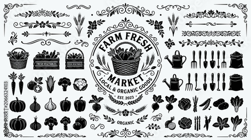 Farm Fresh Market Food Icons Set.