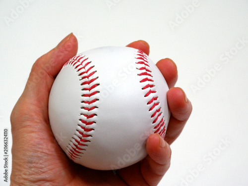 A hand clutching a white baseball with red stitching on a white background