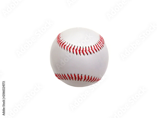 A white baseball with red stitching on a white background