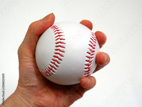 A hand clutching a white baseball with red stitching on a white background