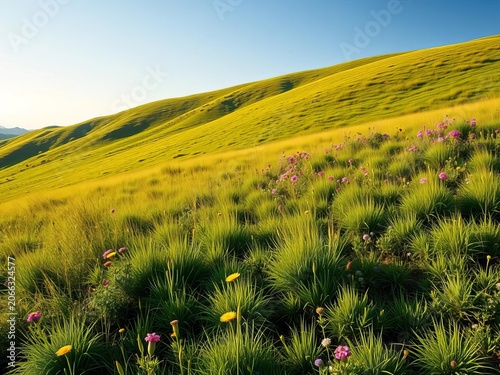A rolling green hillside covered in lush grasses and wildflowers, grasses, serene