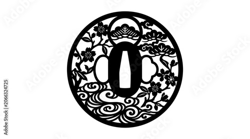 Traditional Japanese Tsuba Sword Guard Design.