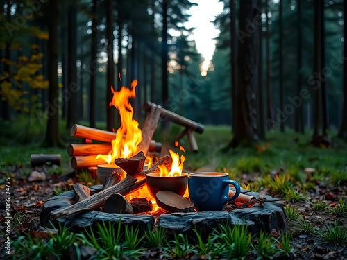 Campfire coffee setup in serene forest landscape, nature, || Mountains