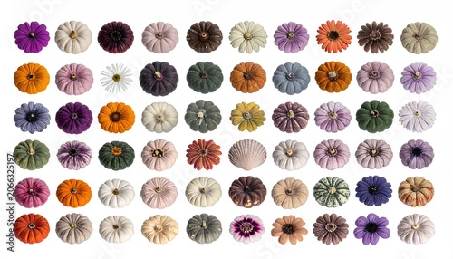 Variety of mini pumpkins and flowers laid out flat on white, for fall designs