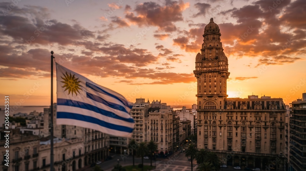Fototapeta premium Sunset view of Palacio Salvo and Uruguay flag waving over Montevideo city skyline