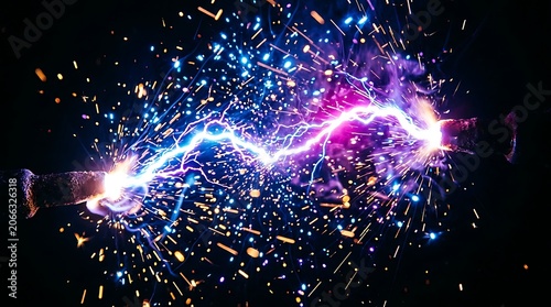 Electric discharge sparks flying between two metal conductors creating a brilliant high voltage arc against a deep dark background with vibrant blue and purple light hues