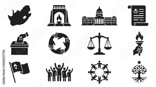 Obraz na plátně Government, law, and politics icons, 10 black vector symbols, democracy and just