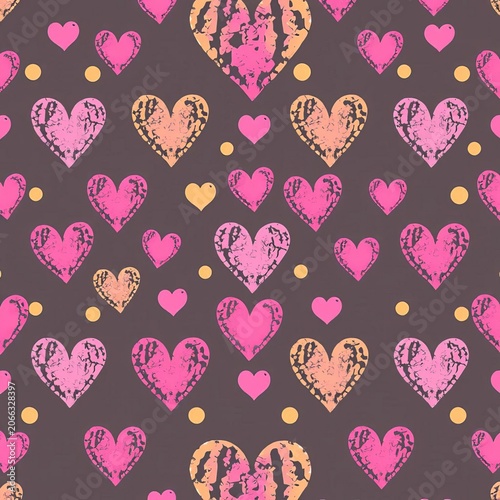 Grunge heart shapes with pink and yellow dots in a seamless pattern design, valentine's day, cute