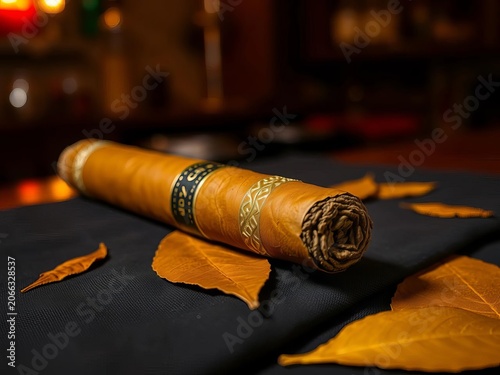 Hand rolled cigar on black cloth rich tobacco leaf texture evening bar ambience, ambience, night