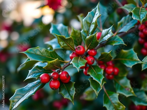 Holly branch with bright red berries and glossy leaves, natural beauty, festive foliage