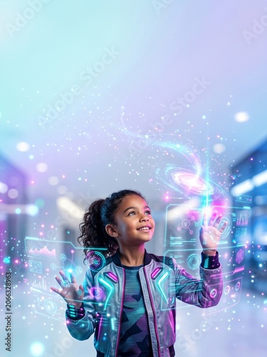 [Generative AI] Futuristic education concept photo of a child experiencing a holographic interface and edutech