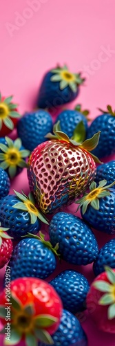 Outstanding chrome strawberry among blue strawberries on pink background minimal fruit idea, retro, shiny