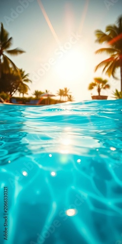 Summer sunshine warms the pool water as it ripples with fun, green, relaxation