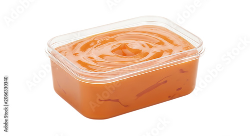 Plastic container filled with orange sauce a realistic rendering on transparent background food texture material packaging vessel box rectangular isolated