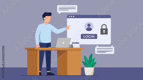 Quadro em tela Man Pointing at Login Screen with Padlock, Digital Security Concept