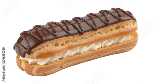 Chocolate covered eclair with cream filling detailed 3d rendering on transparent background pastry dessert baked sweet confection treat food cuisine