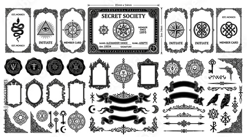 Various old vintage labels and symbols.