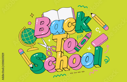 Colorful Decorative Lettering Composition Featuring Academic Supplies for Educational Back to School Season Promotional Materials