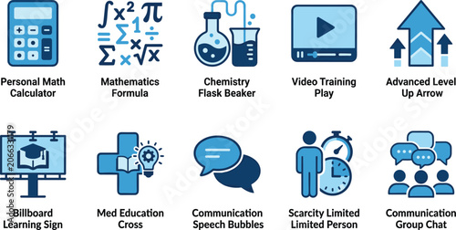 Foto Advanced learning icons including math calculator chemistry beaker video training and medical health cross