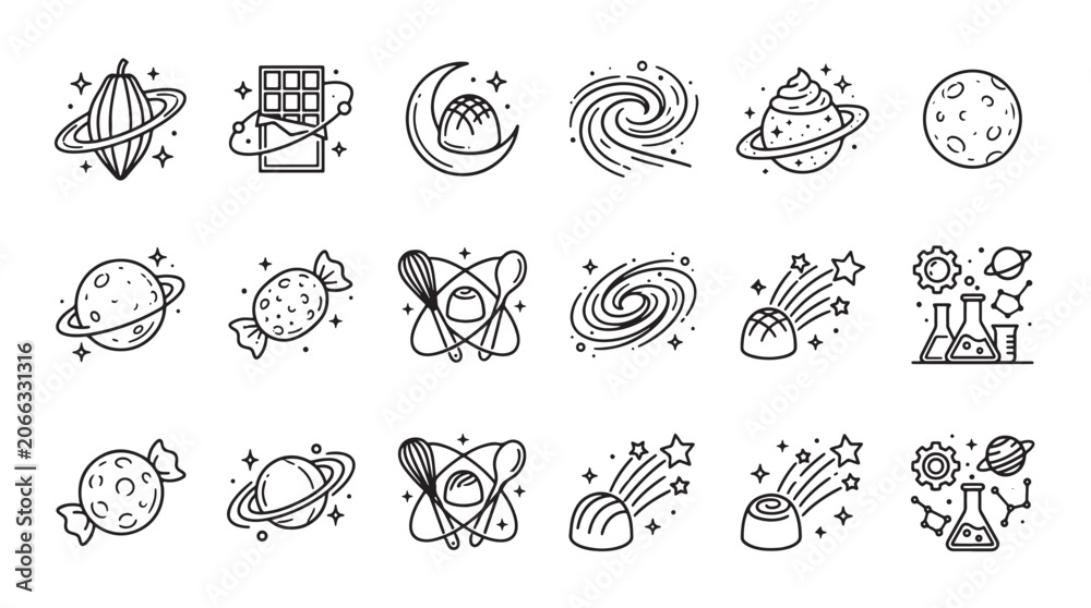 Fototapeta premium Cosmic Chocolate Alchemy Elements Icons Sets Packs, Editable Vectors Strokes Illustrations. containing chocolate, cocoa, planet, galaxy, candy, science, icon, line, art and mores Elements Icons.
