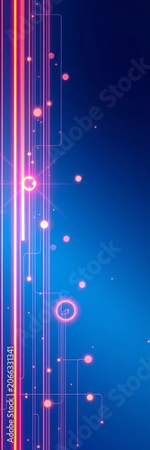 Abstract digital design featuring glowing lines, symbols, and shapes in a gradient blue sky, symbols, glowing