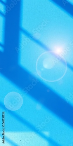 Abstract blue wall background with sunlight and blurred shadows, modern aesthetic, digital art