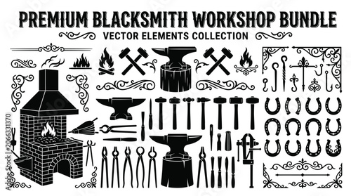 Blacksmith workshop tools and equipment set.