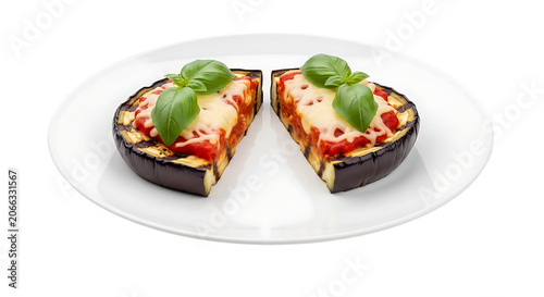 Two slices of eggplant pizza with melted cheese and basil leaves on transparent background food dish culinary vegetarian italian cuisine