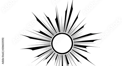 Dynamic black and white radial burst effect graphic with central circle, abstract explosion or speed lines design element