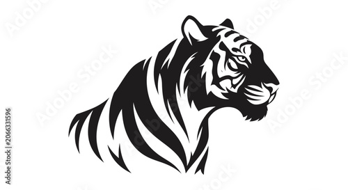 Powerful stylized tiger head illustration, majestic wildcat profile, black and white graphic design, abstract big cat artwork, wildlife symbol