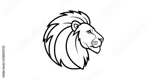 Stylized Lion Head Profile Line Art Illustration. Majestic Wild Animal Icon, Black and White Vector Graphic Design Element