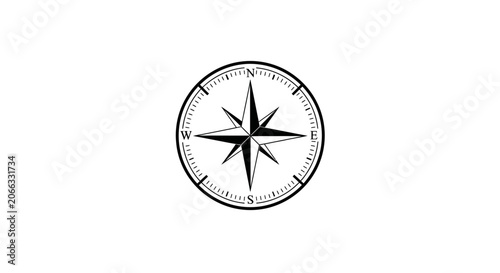 Classic compass rose symbol in black and white for navigation, travel, adventure, and exploration concepts. Direction guide.