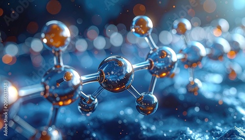 Detailed molecular structure with carbon and oxygen atoms connected by bonds, symbolizing chemistry, science, and microscopic complexity in digital visualization.